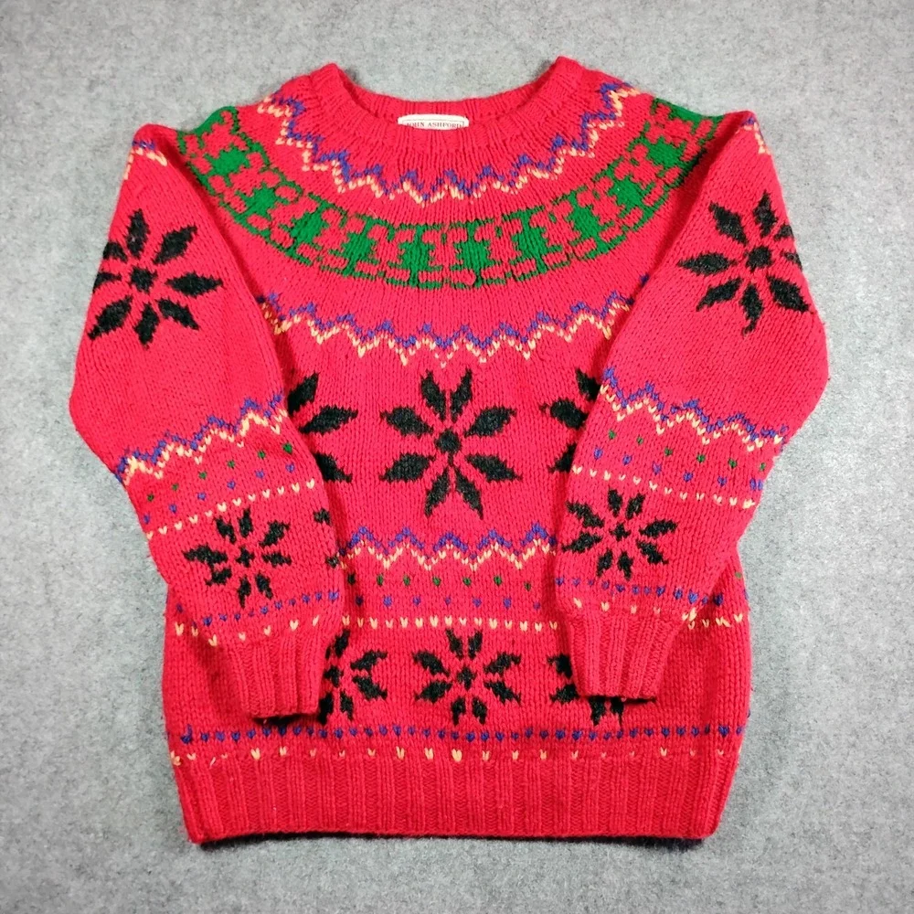 John Ashford Mens‎ Red Shetland Wool Handknitted Fair Isle Snowflake Sweater M